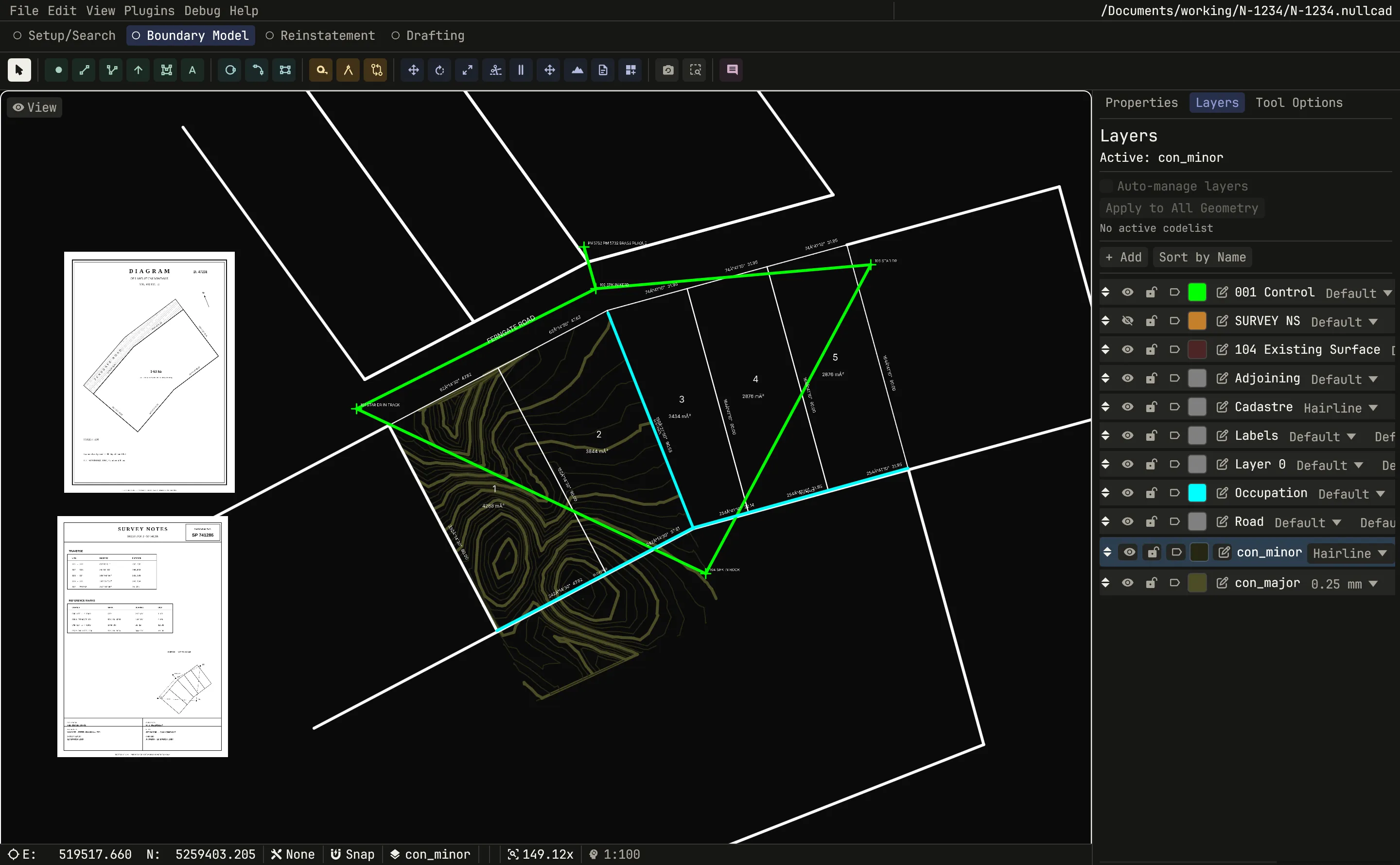 The NullCad window in the Boundary Model phase: cadastral boundaries drawn over aerial imagery, two scanned survey plans placed in the viewport, and a status bar reading GDA2020 / MGA zone 55 at 1:100.